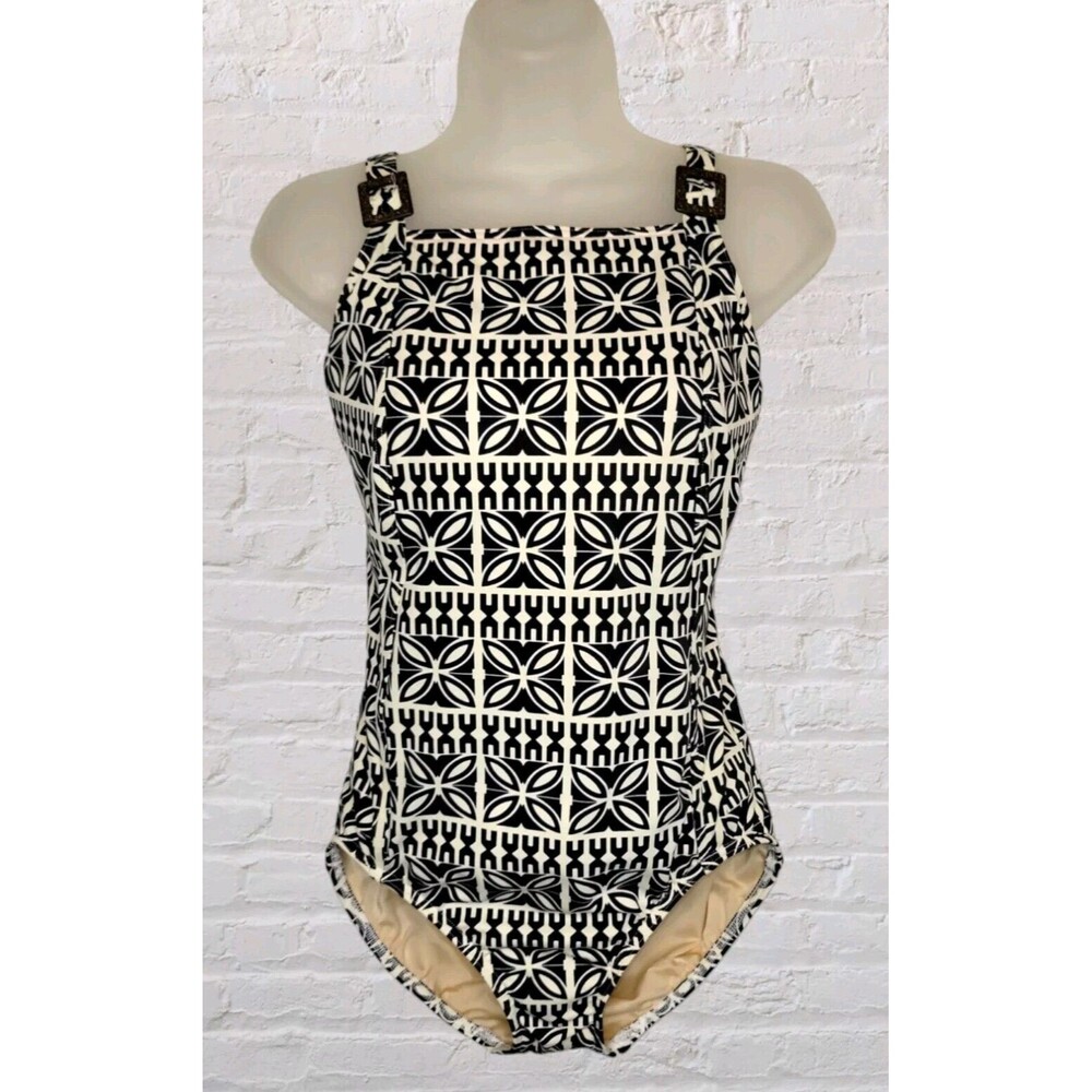 Lands End Oriental Print One Piece Swimsuit Womens 8 Blue Tummy Slimming Panels.